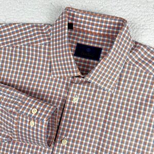 DAVID DONAHUE Button Up Dress Shirt Men 17.5 34/35 Orange Blue Check Long Sleeve